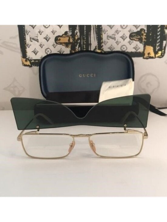 New Authentic Gucci GG0363S 001 Gold Flip-Up Rectangular Sunglasses Green Lenses main image 4